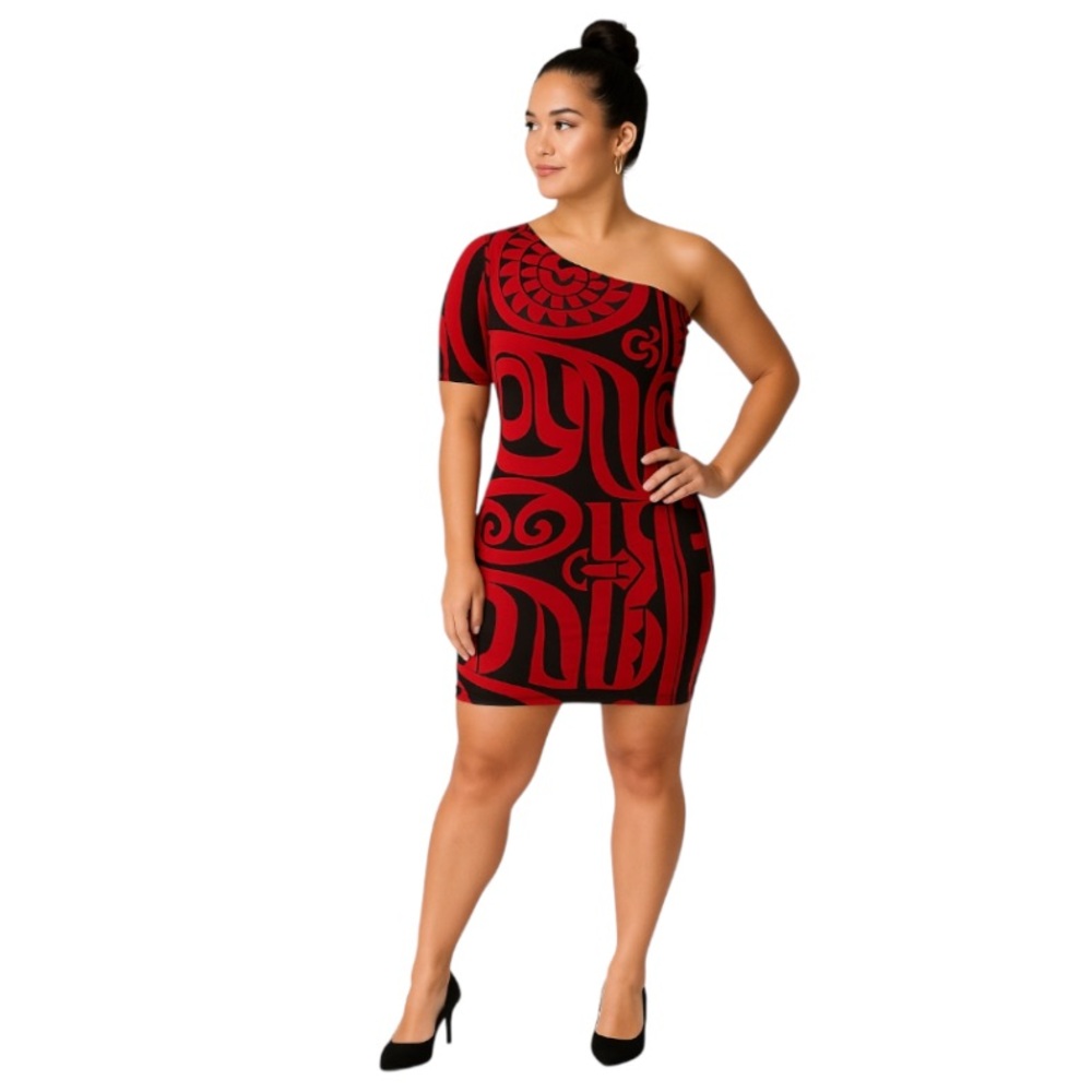 ❤️ Wahine Toa Hawaiian Plus Size Polynesian Print One Shoulder Mini Dress Sz 2X